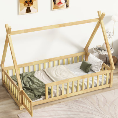 Lit simple naturel avec structure en forme de tente et porte de garde-corps, fabrication de qualité, 7 lattes, parfait pour la chambre à coucher comme la finition des garde-corps de plancher, maquillage en bois d'hévéa, utilisation de l'espace