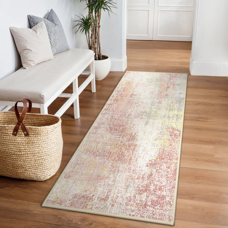 Abstract Area Rug, Rectangle 80 x 150 cm, Pink/Yellow/Beige