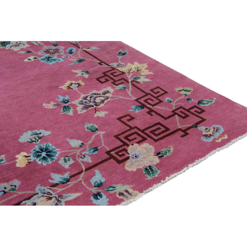 Art Deco Hand Knotted Wool Floral Area Rug, Rectangle 10' x 14'