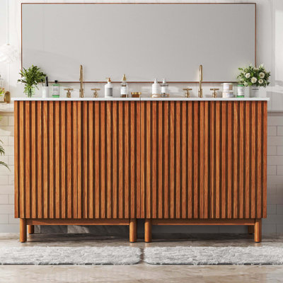 59.8" Traditional American Style Bathroom Vanity Combo, Ceramic Sink, Wooden Legs, MDF Structure, Soft-Close Doors, U-Shaped Adjustable Shelf, Plastic Feet Pads