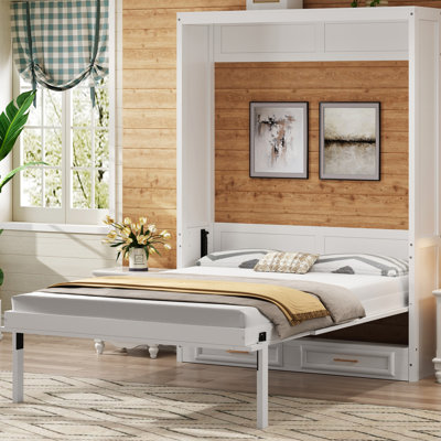 Beige Full Size Bed With 2 Drawers, High - Quality Pine Wood And , Space Saving Folding Design For Office Nook Solid Build, Tiny Bedroom