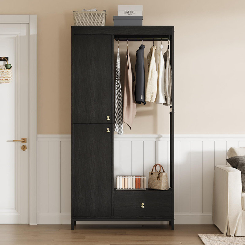 Modern Armoire Wardrobe Closet – Double Doors, Hanging Rod, Drawer & Adjustable Shelves, Black