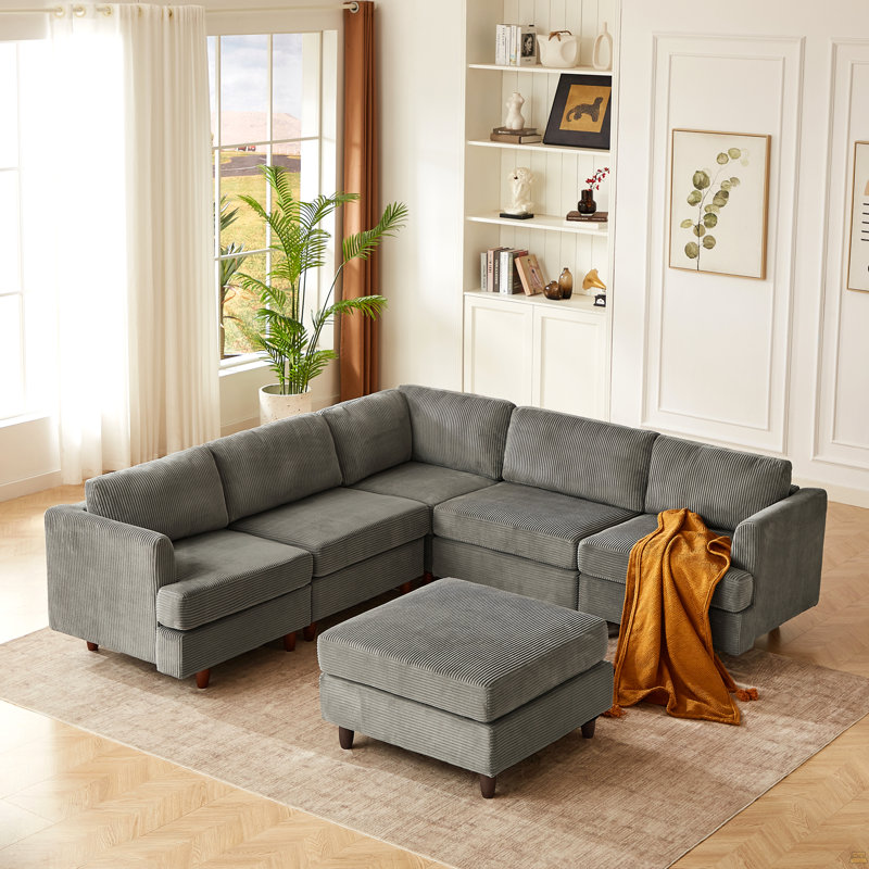Canapé modulaire moderne à 6 places avec canapé-lit en velours côtelé (gris)