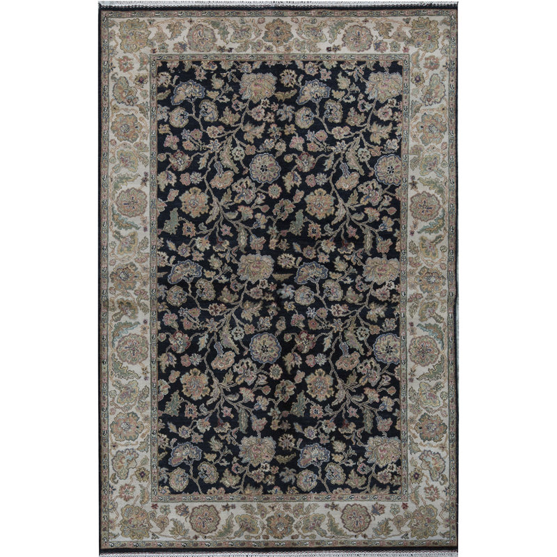 Tapis noir et ivoire de haute qualité noué à la main