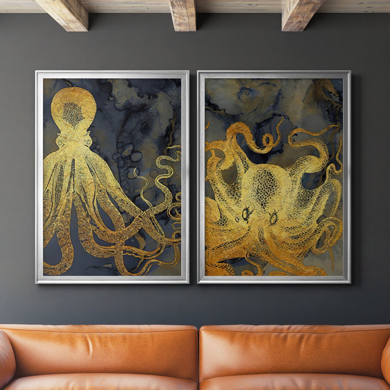 Octopus Ink Gold & Blue I - ensemble de 2 reproductions d'art sur toile encadrées, H 42,5 po x l 61 po x P 1,25 po, Argent