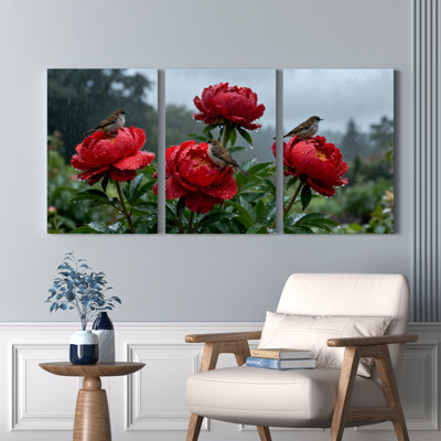 Pivoine rouge fleur et oiseau sous la pluie, reproduction d'art sur toile tendue sur toile, ensemble de 3