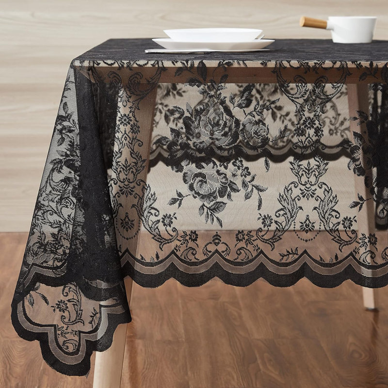 Nappe en dentelle avec motif de roses anglaises en 5 tailles, 70 po carré, Noir