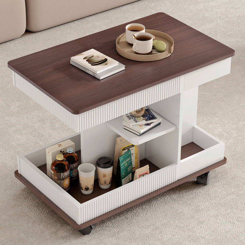 29.5"L Modern End Table With Lockable Swivel Wheels, Multifunctional Side Table With 360°Rotating Lift-Top, Industrial Accent Table With Storage Space For Living Room, White