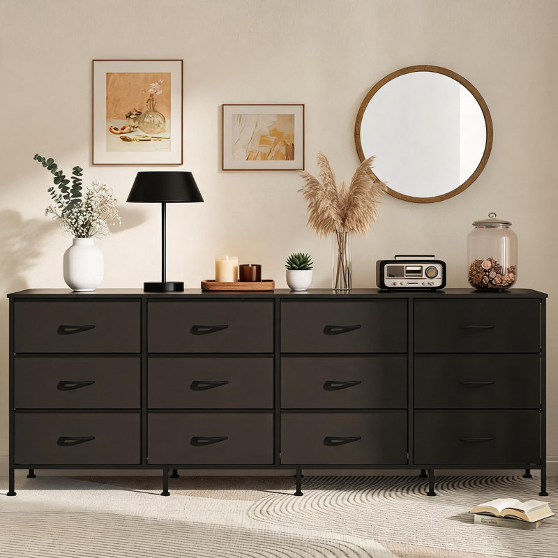 Meuble télé avec 12 tiroirs en tissu – Centre multimédia à structure en bois, Noir