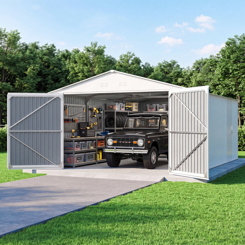 Outdoor Storage Shed 20x13 FT, 91.3" H x 237" W x 118.1" D, Off-White+Grey
