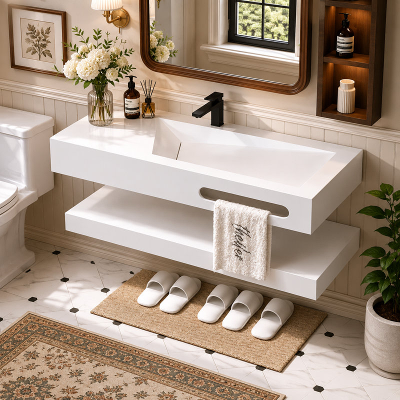 48" Stone Resin Wall-Mounted Floating Bathroom Sink with V-Shaped Basin, Open Shelf and P-Trap Included, Double Layers