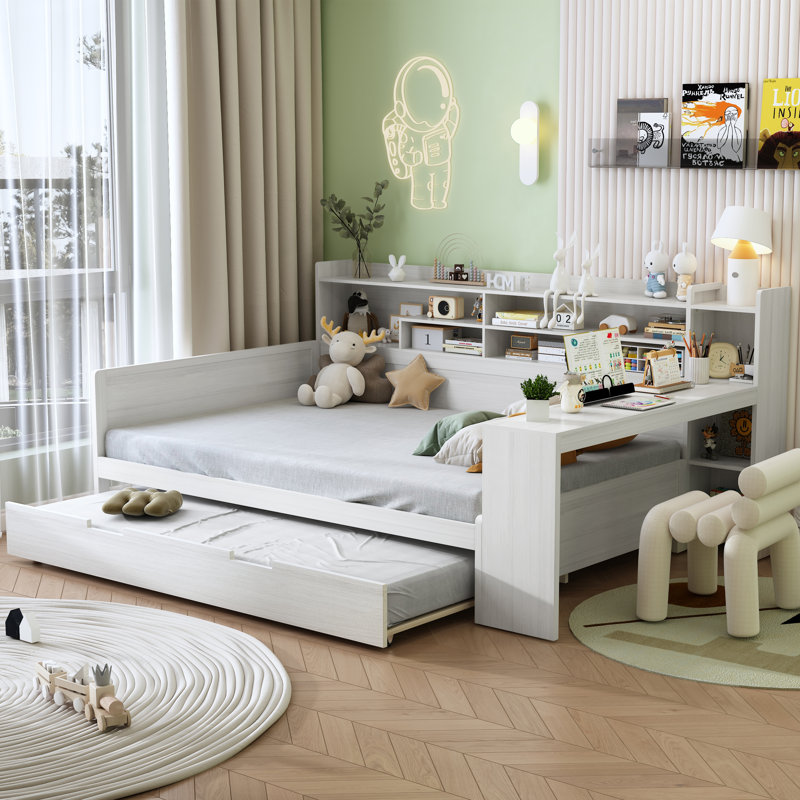 Wooden Daybed With Storage Shelves, Multi-Functional Bed With Trundle Bed And  Study Desk,, Antique White, Full