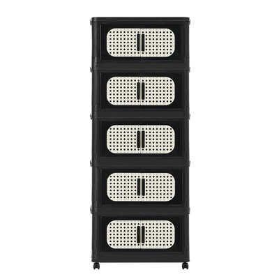 Retro Black, armoire de rangement pliante latérale de 20 po de large, 5 niveaux, 19,69 po x 11,81 po x 50,00 po, bacs de rangement pliables avec porte magnétique, armoire de rangement en plastique avec roues