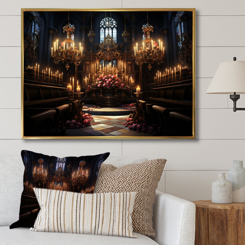 Basilique baroque - Église, art mural, Cadre flottant doré, H 24 po x l 32 po x P 1,5 po
