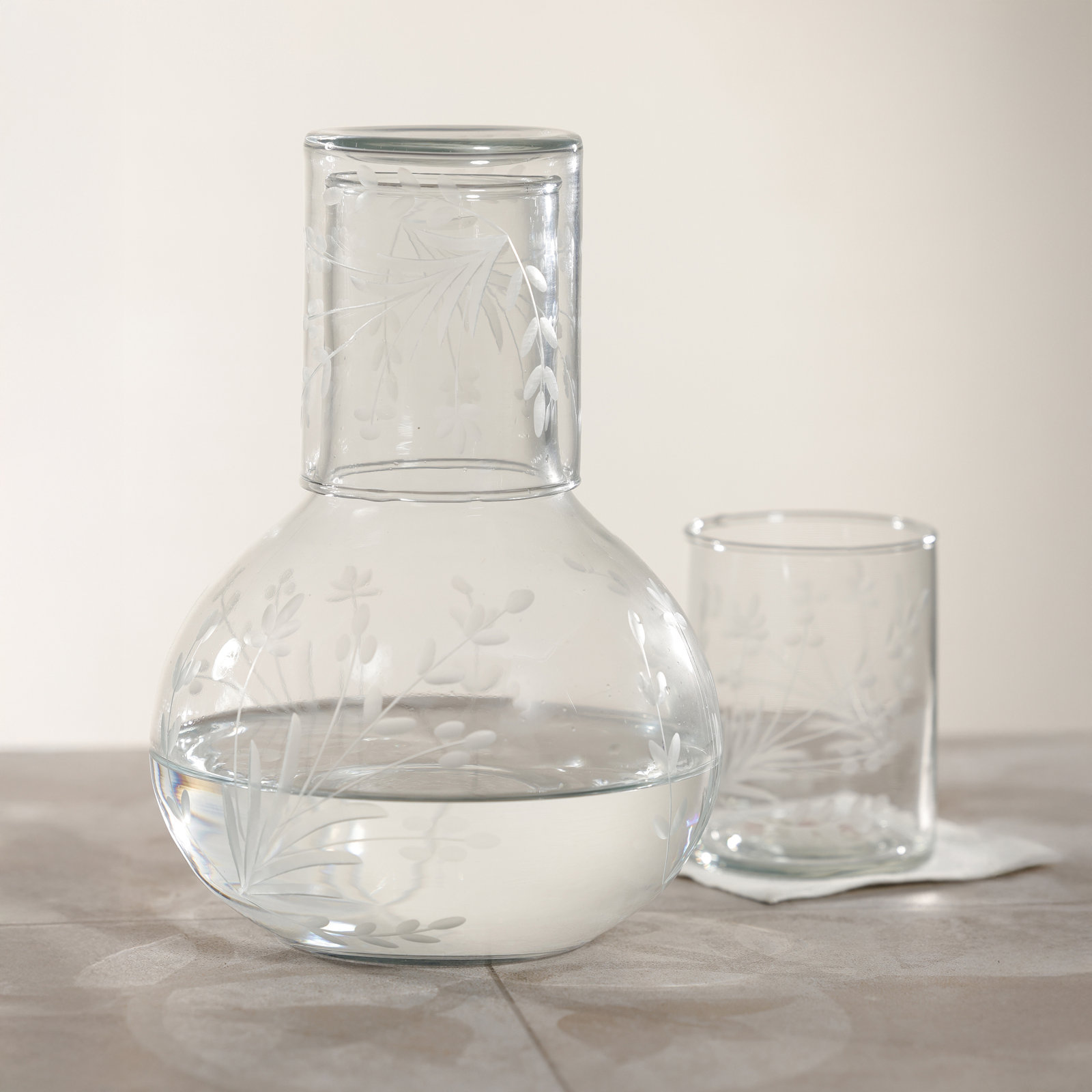 Shiraz Etched Glass Carafe with Floral Design