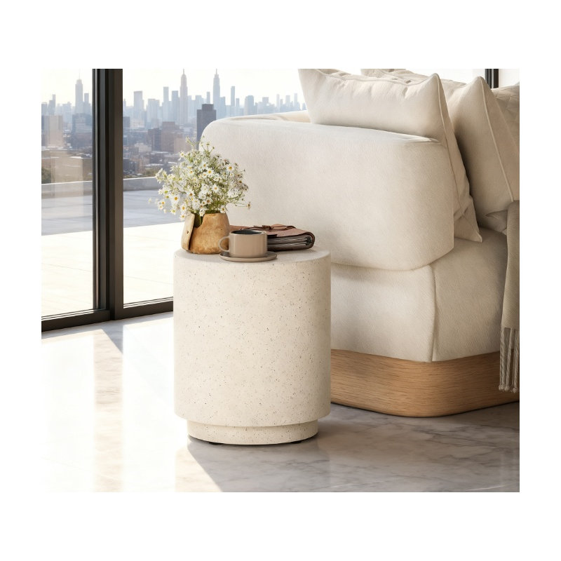 Table d'appoint ronde en béton avec base en acier inoxydable, table d'appoint moderne gris clair