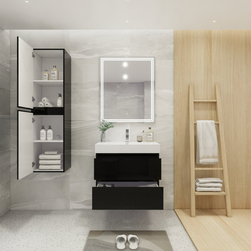 Arieyanna Single Bathroom Vanity with Wood, Acrylic Top, High Gloss Black