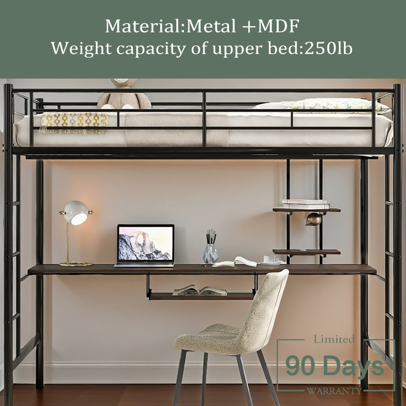 Lit mezzanine avec bureau et tablette, modèle compact, noir