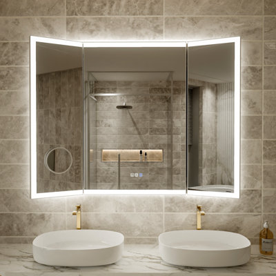 Smart Tri-Fold Bathroom Vanity Mirror Front/Backlit Lighting With Dual Light Strips With Movable Magnetic Magnifier