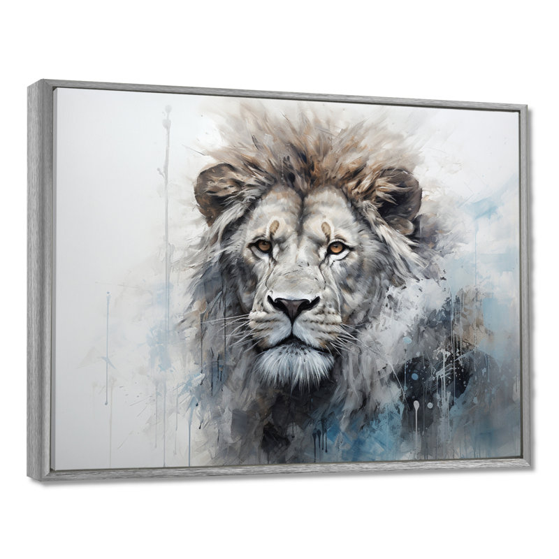 Gris et bleu, «Red Lion», art mural Lion, 34" H x 44" W, Encadrement argenté