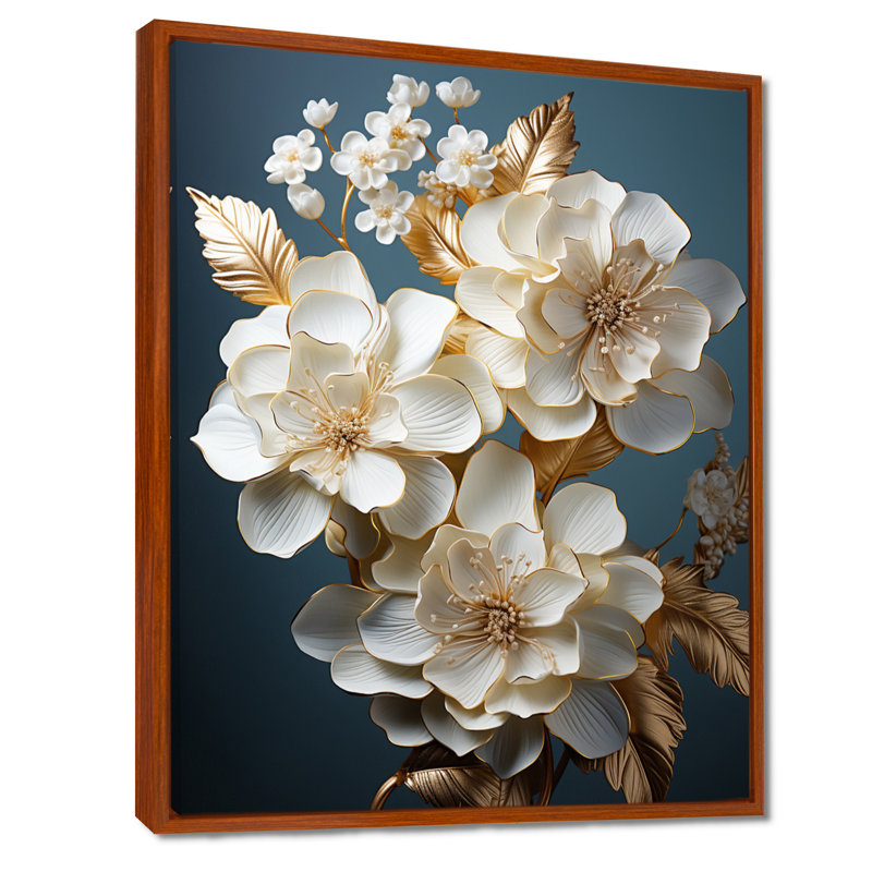 Décoration murale hortensia baroque blanc et or I - Hortensia, 20" H x 12" W, Cadre flottant brun