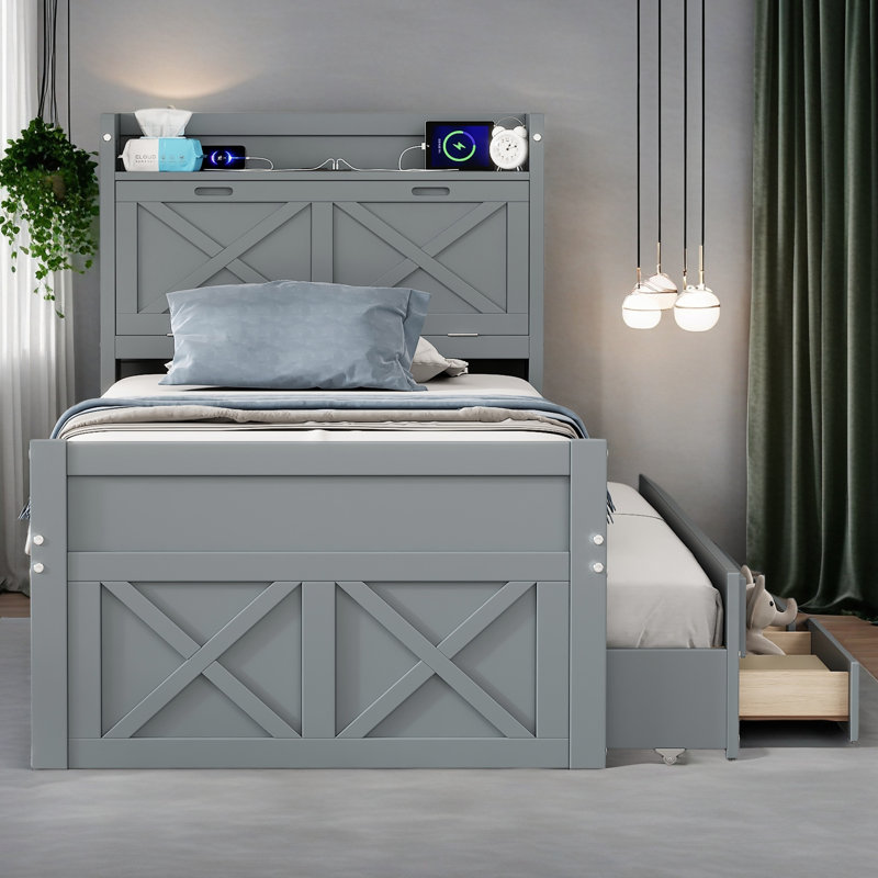Lit en bois avec tête de lit avec prises de courant, lit extensible avec lit gigogne simple avec trois tiroirs de rangement