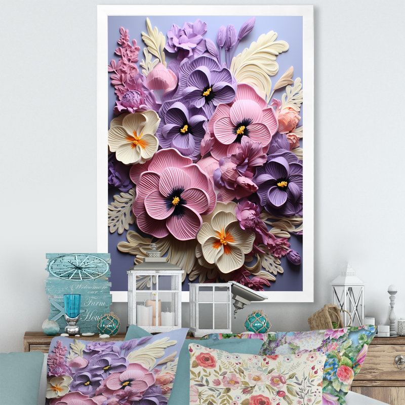 Pensées à l'aiguille - rose et mauve, Cadre simple blanc, H 32 po x l 24 po x P 1 po