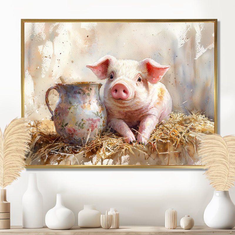 «Milk and Pig Portrait At The Farm I», reproduction sur toile encadrée, 24" H x 32" W, Cadre flottant doré