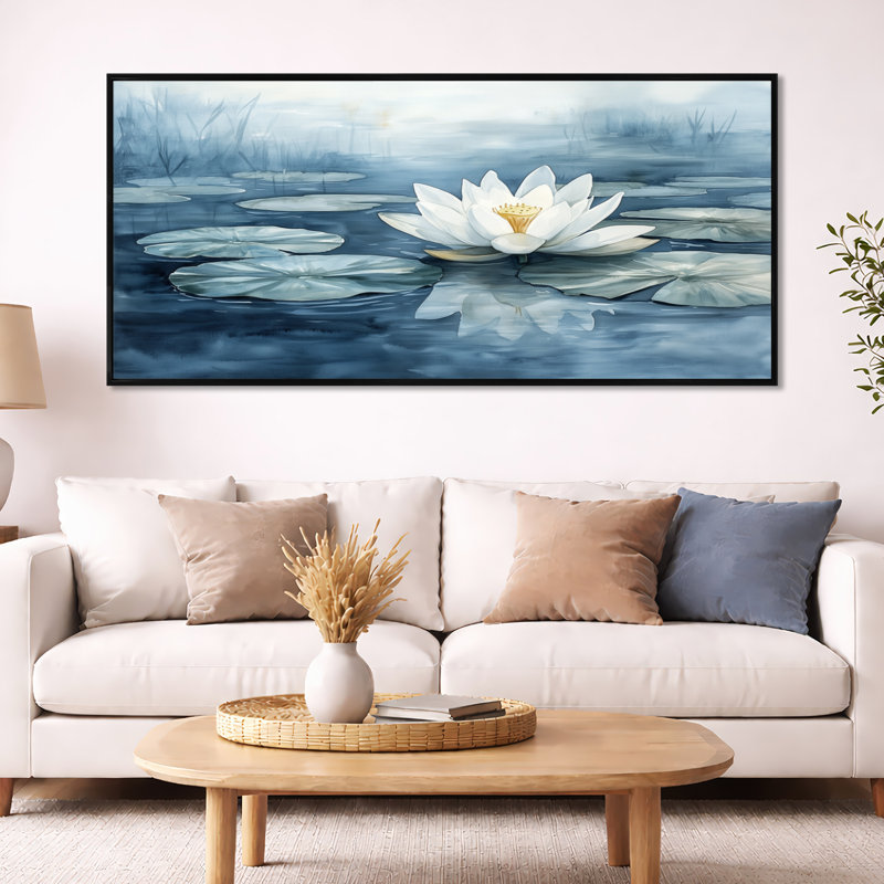 Impression sur toile White Lotus Calming Pond I - White Zen, H 28 po x l 60 po, Cadre flottant noir