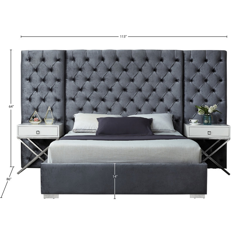 Lit plateforme capitonné, Grand, Velours gris