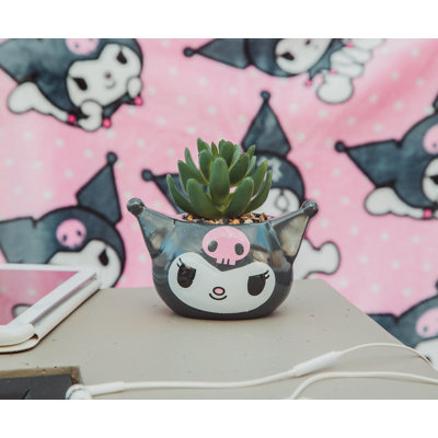 Mini pot à fleurs en céramique à tête souriante Sanrio Kuromi avec plante grasse artificielle