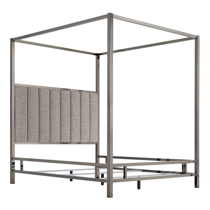 Upholstered Metal Canopy Bed, Black Nickel/Gray, Full