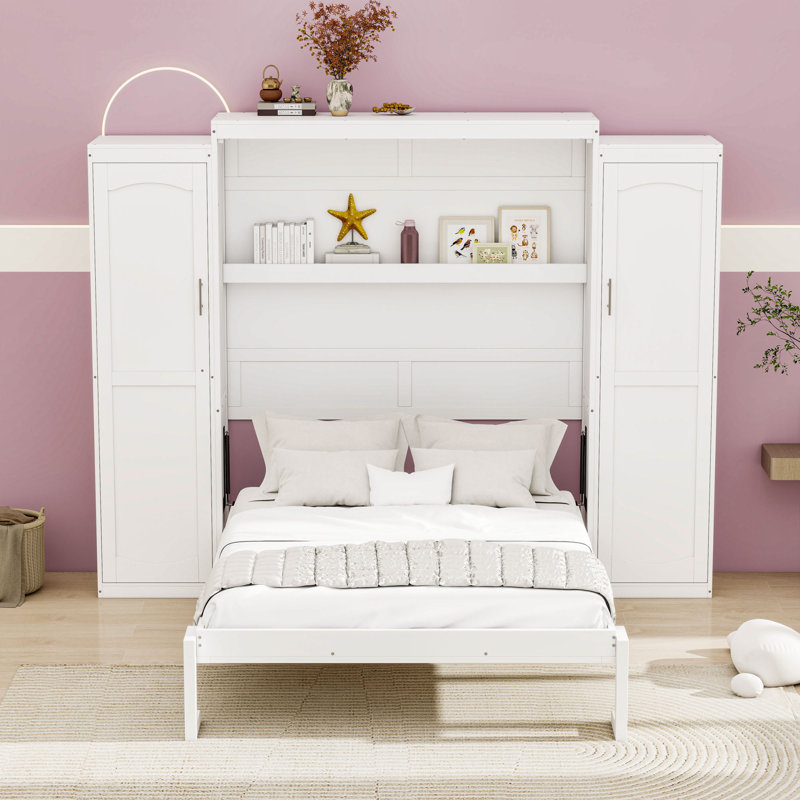 Lit escamotable avec armoires et tablettes Murphy, conception pliable multifonctionnelle, Blanc, Double