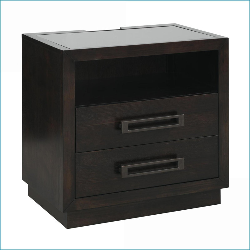 Table de chevet moderne gris anthracite avec 2 tiroirs, plateau en verre USB / alimentation