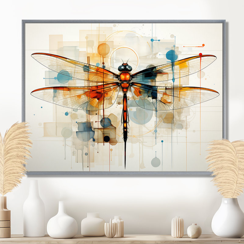Libellule en teck vol éthéré géométrique - Libellule, art mural, H 30 po x l 40 po x P 1,5 po, Encadrement argenté