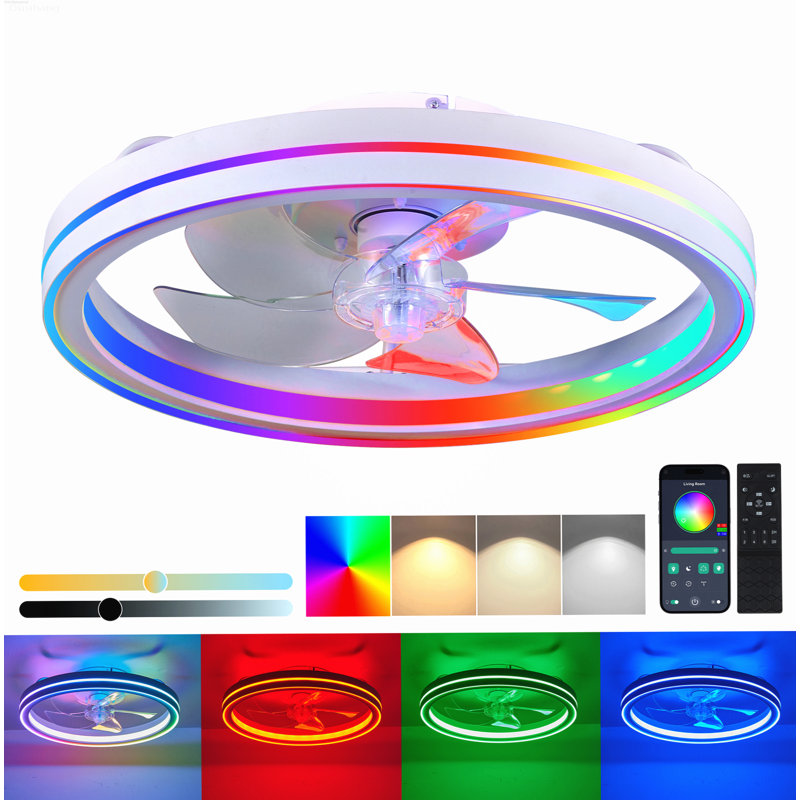 Modern RGB Dimmable Flush Mount Ceiling Fan White, White
