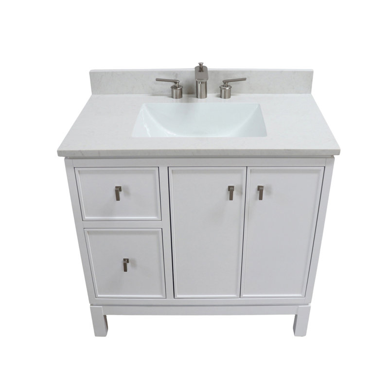 Meuble-lavabo simple avec plateau en quartz, Blanc, Nickel brossé