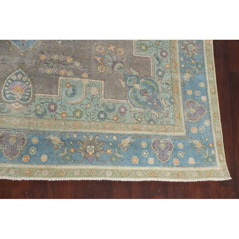 Tapis brun en laine noué à la main de conception unique 9 pi 4 po x 12 pi 6 po