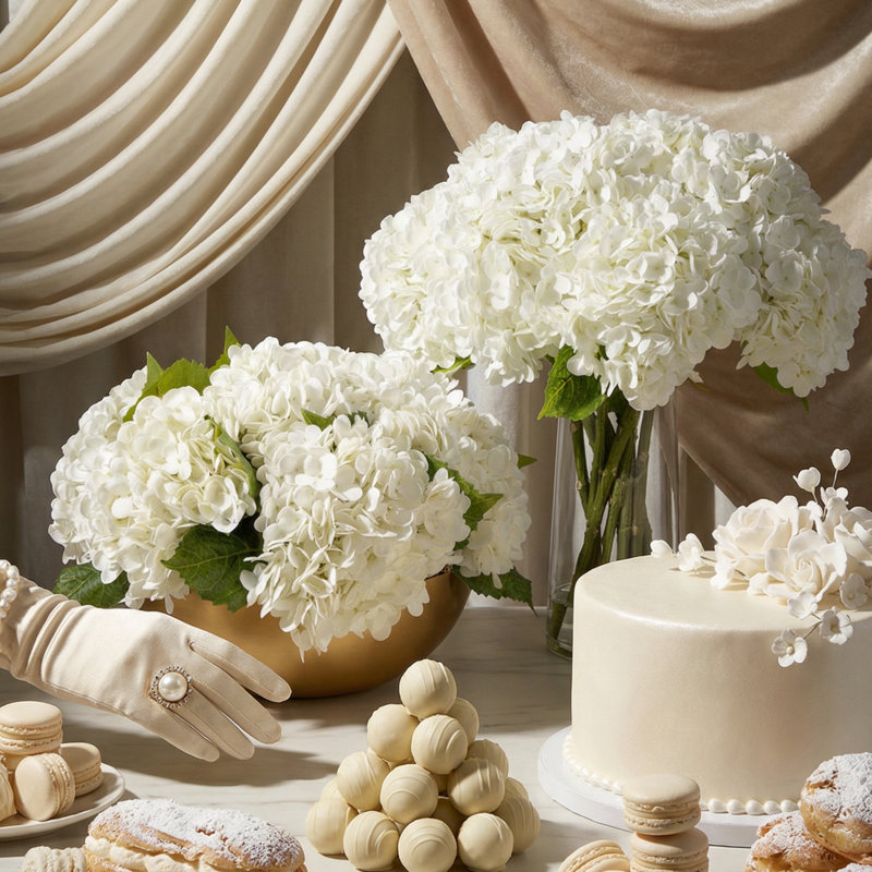Ian Realtouch Hydrangea Arrangement in Large Gold Bowl, White