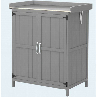 Banc de rempotage en bois avec plateau en métal, armoire de rangement et tablettes pour le jardin extérieur