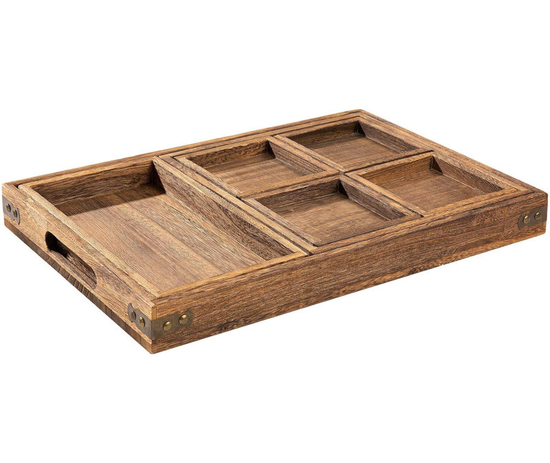 Wooden Serving Trays With Handle - Set Of 7 Rectangular Platters For Entertaining, Breakfast, Coffee Table, Home Decor