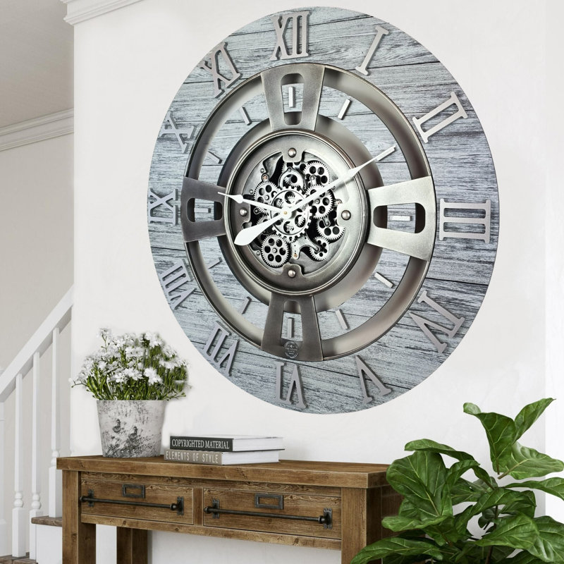 Oversized Silver Grey Wall Clock with Real Moving Gears