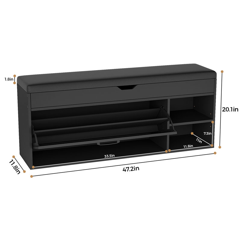 8 Pair Shoe Storage Bench with Leather Cushion, Black