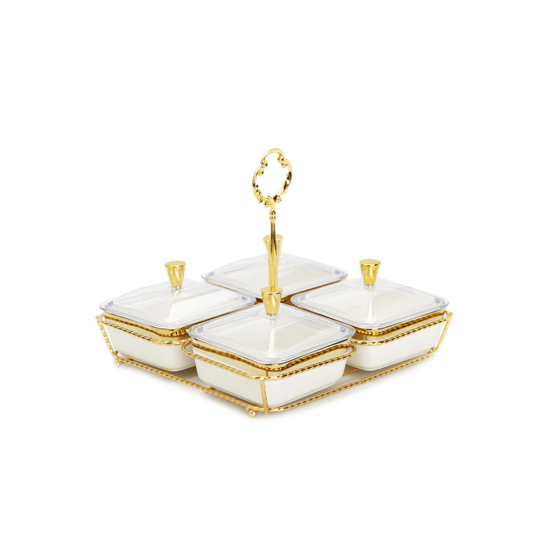 Plat à saveur en porcelaine blanche à 4 bols sur base dorée - L 8 po