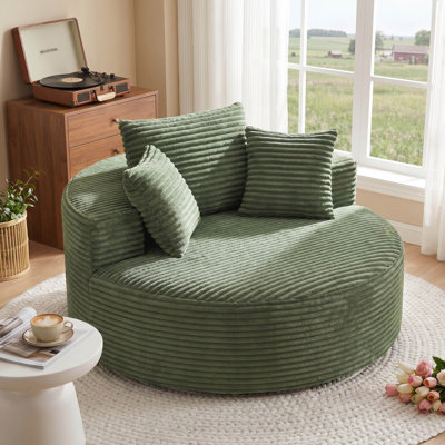  55.5" Oversized Round Chaise Lounge Chair Indoor, No Assembly Required Upholstered Corduroy Cloud Circle Chair in Green