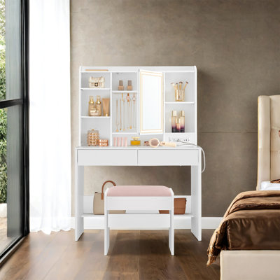 Makeup Vanities With Power Outlets,Upholstered Vanity Stool, Dimmable Led Lights