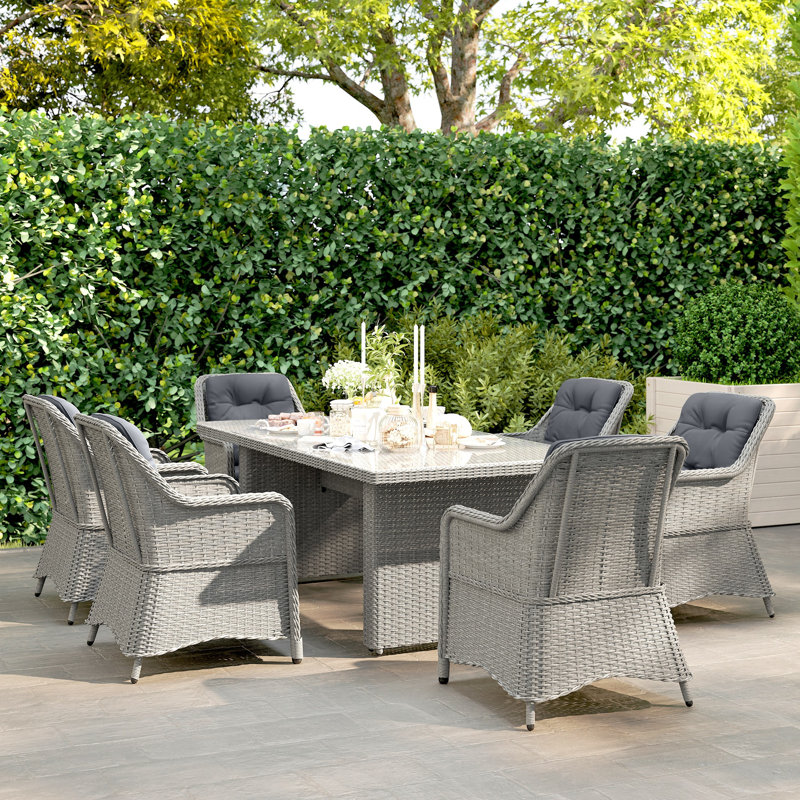 6 Seater Rattan Dining Set Garden Furniture, Cushions Grey