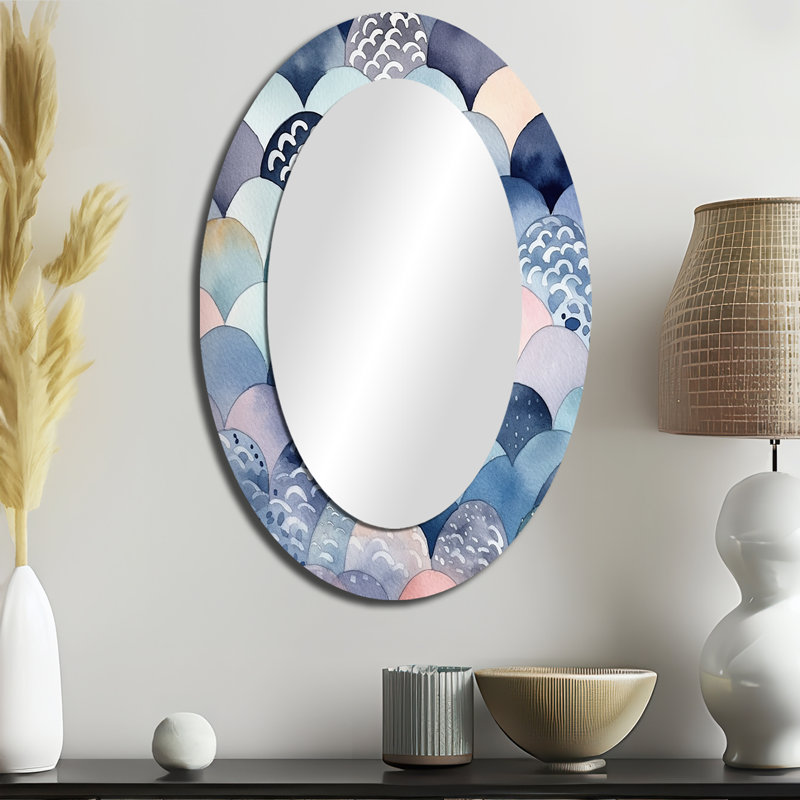 Blue Abstracted Mapping Of Forms V - Abstract Oval Decorative Mirror On Metal, 36" x 24"