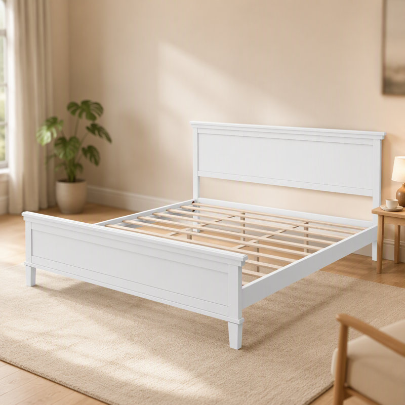 Lit plateforme en bois, cadre de lit de style campagnard avec tête de lit et support à lattes de bois, Très grand lit, Blanc