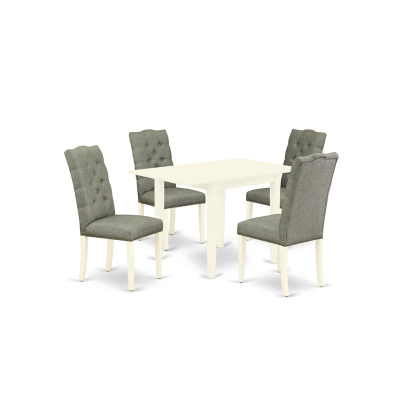 Ensemble de salle à manger en bois d'hévéa massif Halfon Drop Leaf, 5 pièces : 1 table, 4 chaises, Lin blanc, Fumée